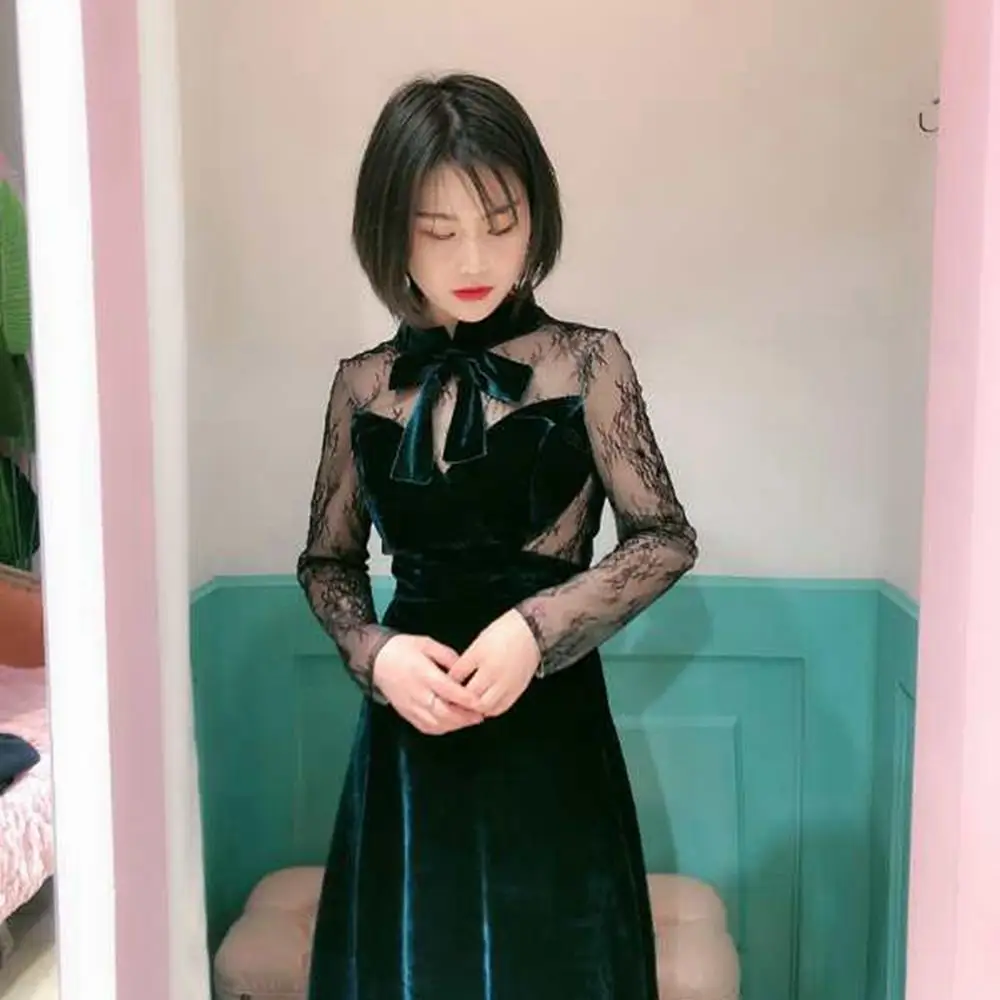 Зеленый бархат кружева иллюзия стиль ночные вечерние Формальное вечернее платье