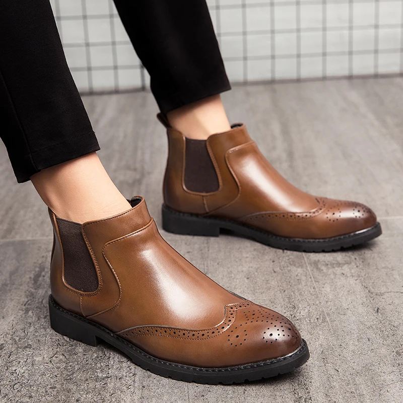 Ботинки Челси мужские из натуральной кожи модные ботинки броги резные стиль