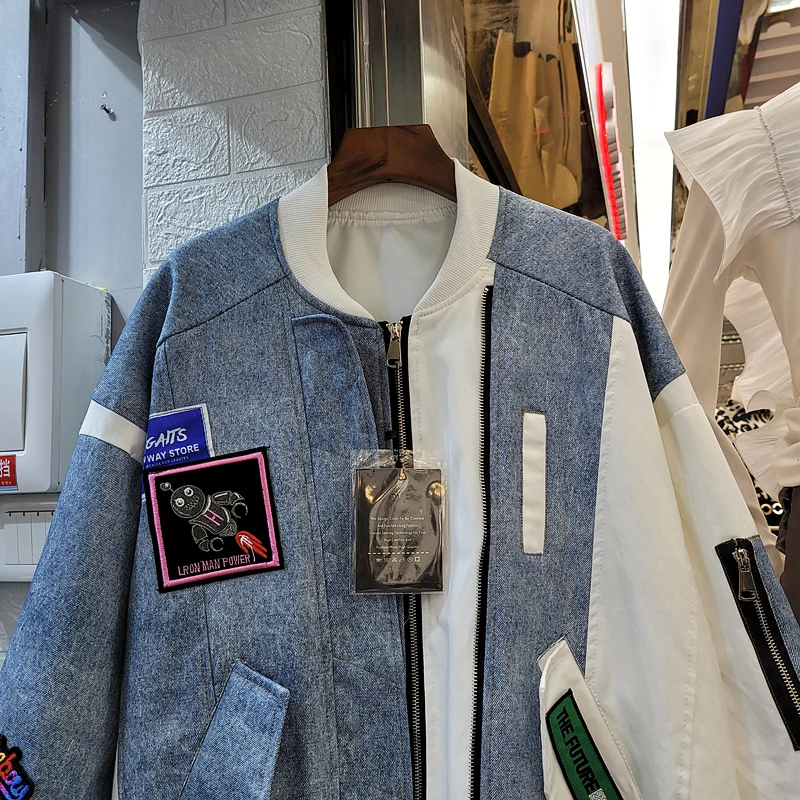 

2021 Spring Fall New European Fashion Ladies Baseball Uniform Fake Two Pieces Patchwork Denim Women Jacket Casual Baseball Coat