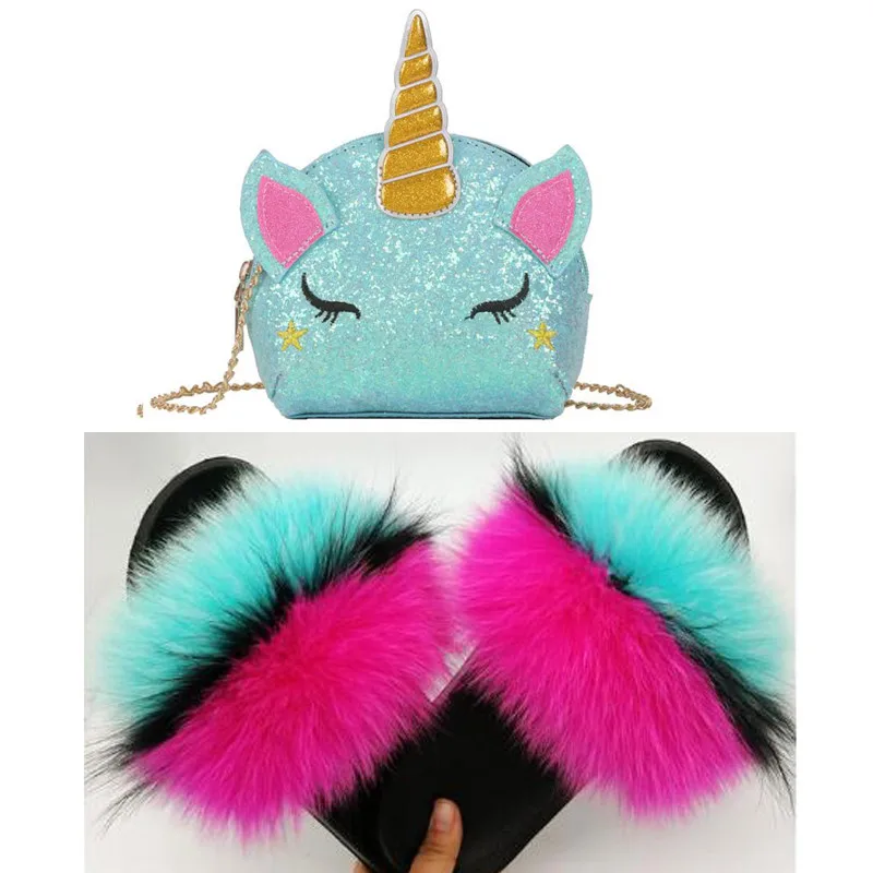 Меховые шлепанцы для женщин милые Мультяшные сандалии желе с единорогом меховые