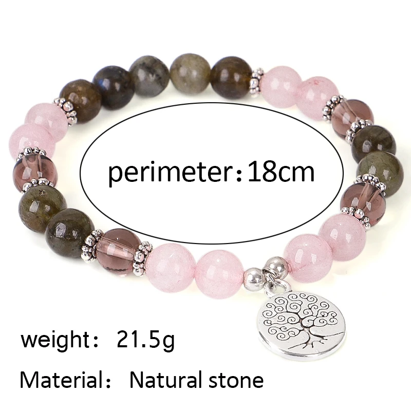 

Handamde Natural Stone Beads Beaded Elastic Bracelet Rose Q-uartz Labradorite Wrist Tree Of Life Barcelet Women Femme