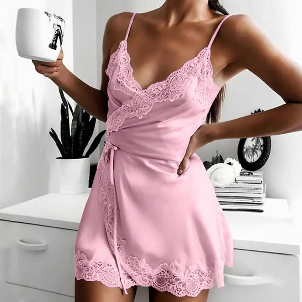 

Women Sexy Pajamas Lady Girls Lace Hem Solid Satin Dress Tie Up Waist Splicing Nightwear Sleepwear Homewear