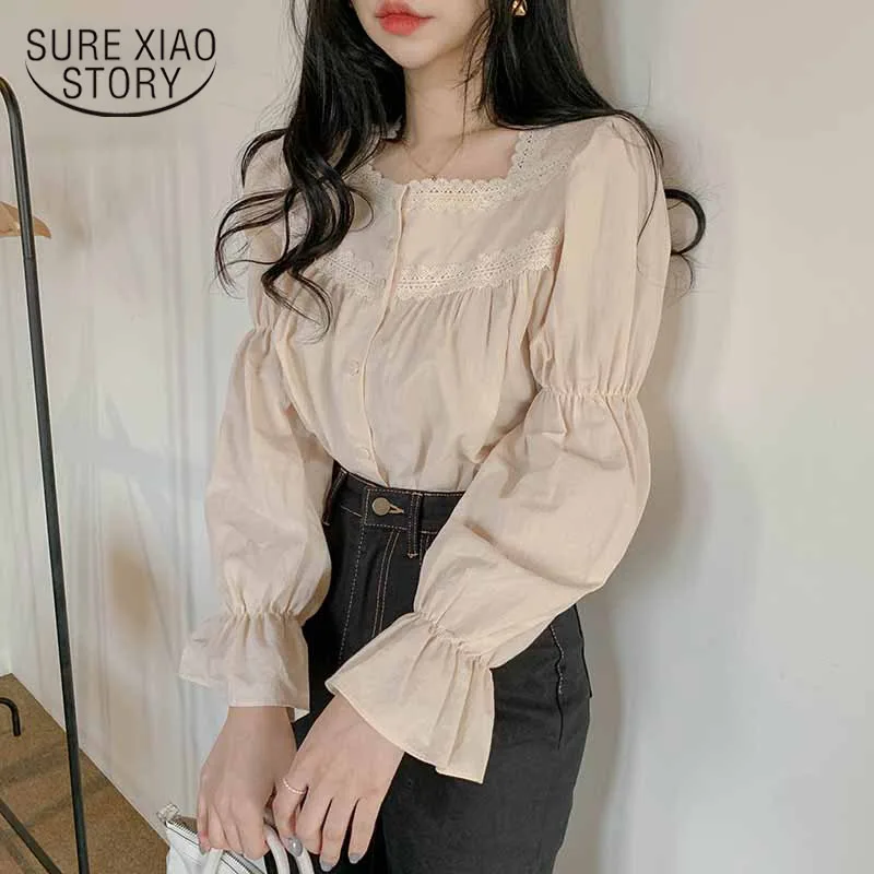 

2021 Spring Lace Blouse Women Solid Cardigan Sweet Shirts Vintage Slim Long Puff Sleeve Square Collar Blusas Mujer 11200