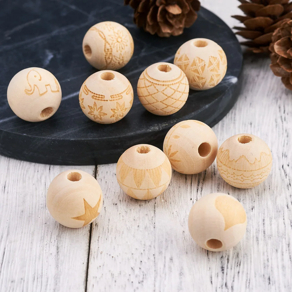 

100pcs 16mm Unfinished Natural Wooden Beads Round Balls Flower Pattern Spacer Wood Beads for Jewelry Making Bracelets DIY Crafts