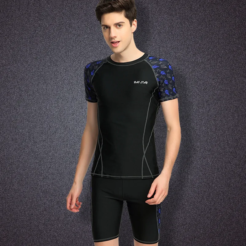 New Men's Swimwear Suit Short-sleeved Shirt Boxer Swim Trunks Loose XL Split Swimwear Quick-drying - Цвет: Black Shorts 9561
