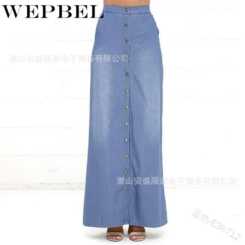 WEPBEL-faldas tejano largo para mujer, falda de tela vaquera de cintura alta, hilera de botones, de talla grande S-3XL