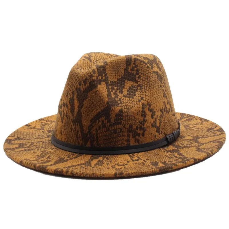 

Seioum Autumn Winter Snake Pattern Jazz Fedora Hats Wool Felt Cap Wide Brim Chapeu Panama Party Formal Hat for Men Women