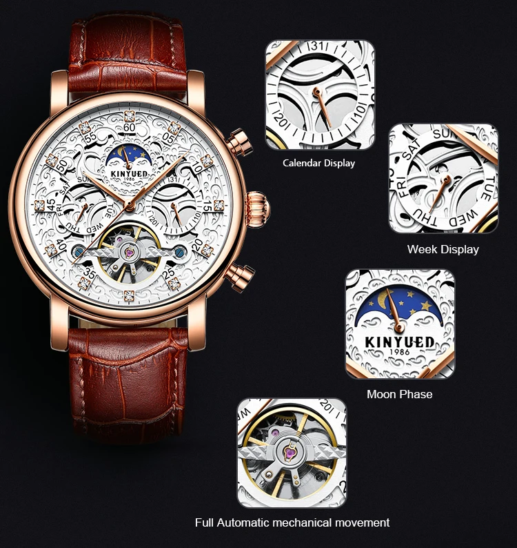 KINYUED Diamond Мужские механические часы автоматический Турбийон Скелет Открытый с