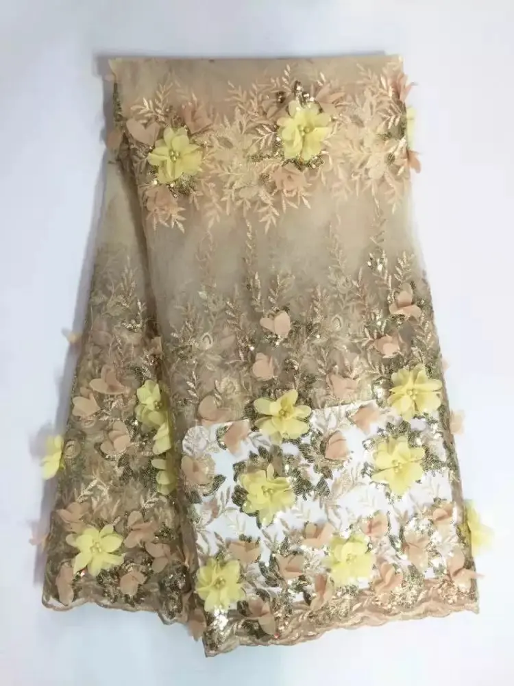 

High Quality Nigerian Wedding Lace Fabric 2021 Yellow Color Embroidery 5 Yards African French Net Lace With Beaded Cord Fabric