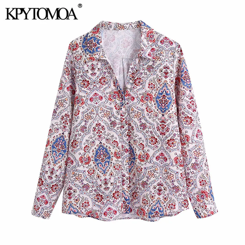 

KPYTOMOA Women Fashion Floral Print Loose Blouses Vintage Long Sleeve Button-up Female Shirts Chic Tops
