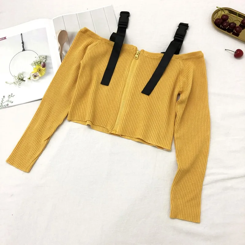 

Girl Girl Sling Short Long Sleeve Knit pullover Top Sexy small fresh retro Slash Neck Tooling