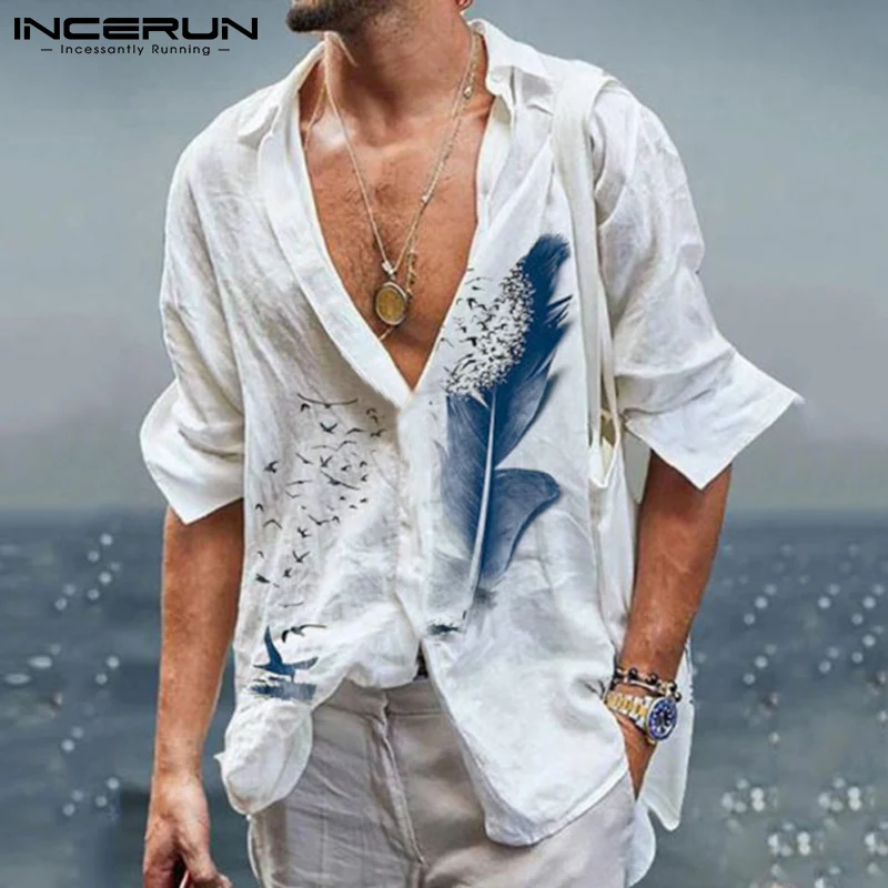 

Осенняя мужская рубашка с принтом INCERUN, винтажные топы с отложным воротником и длинным рукавом, на пуговицах, 2021, уличная одежда, повседневна...
