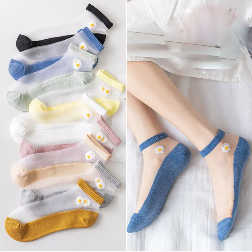 Новинка женские сетчатые носки до щиколотки прозрачные с принтом маргариток