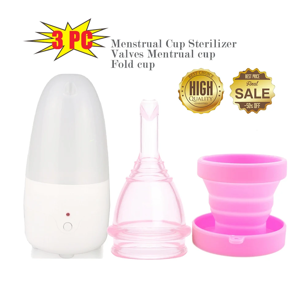 1 Set for 3 piece PK Набор портативный Менструальный стерилизатор чашки, сливные клапаны менструальные чашки Складная чашка для ухода за здоровьем ультрафиолетовая дезинфекция УФ-светильник - Цвет: 1 Set for 3 piece PK
