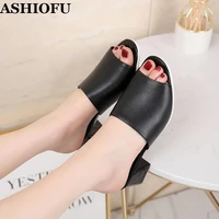 ashiofu handmade hot sale ladies block heel slipper elegant black sexy party summer shoes evening club fashion slippers shoes