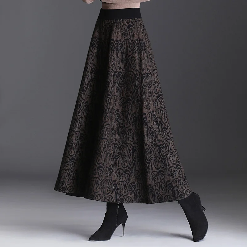 

2020Autumn Winter New Elastic High Waist Slim Knit Long Skirt All-match Casual Big Swing Women A-line Woolen Skirt Free Shipping