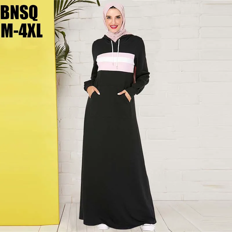 

BNSQ Black Hooded Sweater Maxi Dress With Pocket turkey Hijab Caftan Dubai Muslim Kaftan Abaya Ladies Vestidos India Lehenga