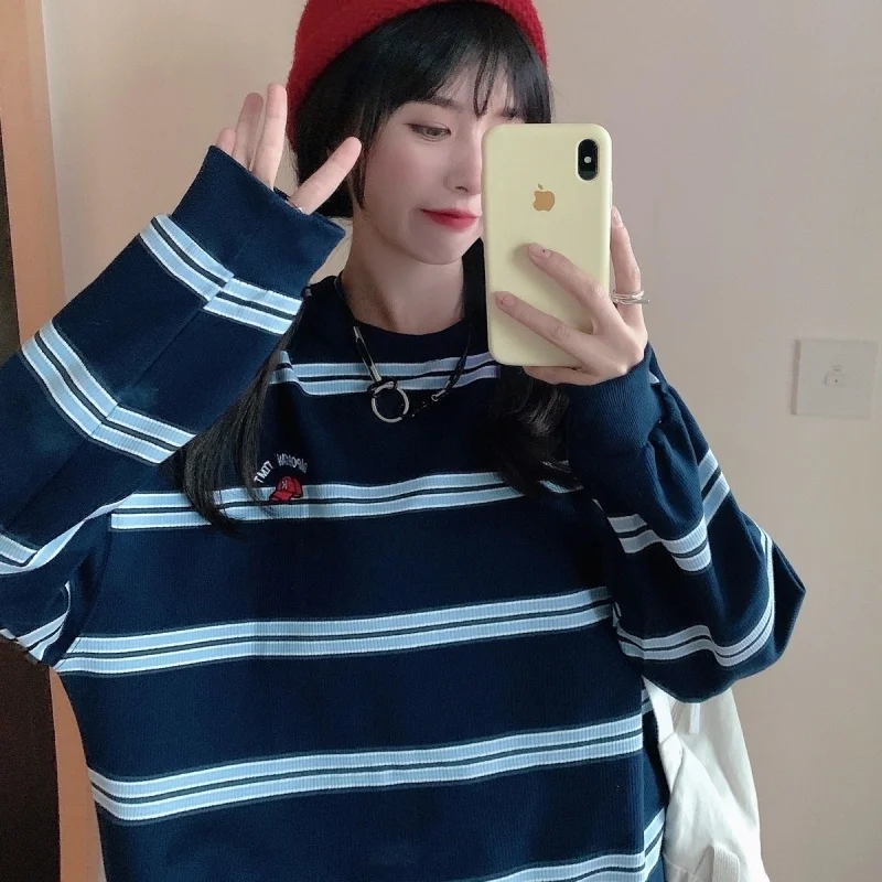 

Thin Striped Sweater Women's round Neck Embroidered Long
