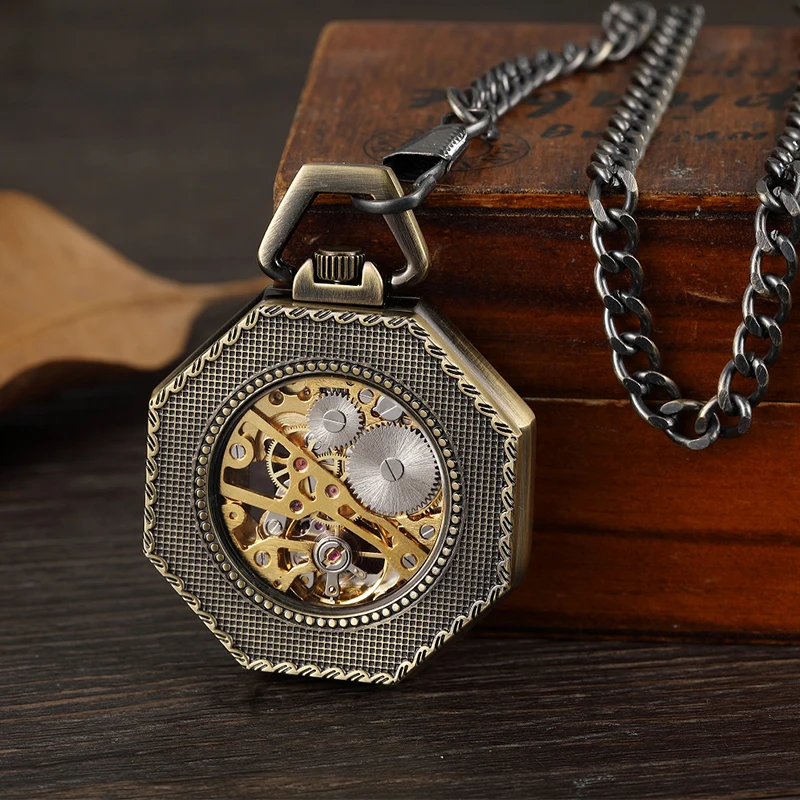 Gorben Vintage Mechanical Pocket Watch Octagonal Dial Mechanical Hand Wind Movement with FOB Chain