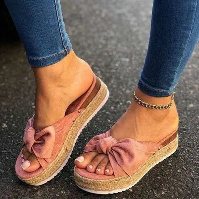 

New European and American women's shoes wedge heel bow size plus size explosion models casual women's slippers