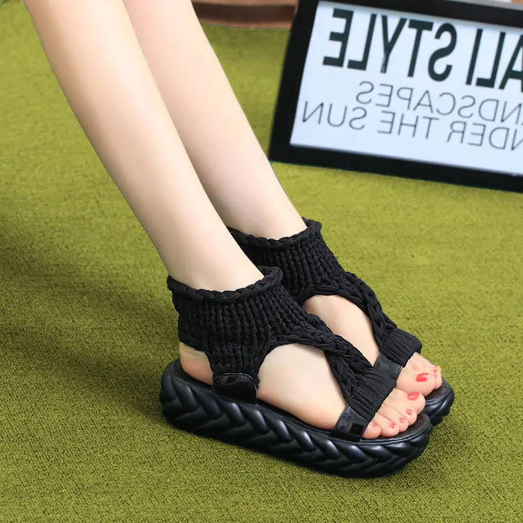 

New Style Summer Women Wedges Sandals New Soft Bottom Wool Knitted Roman Ladies Sandals Shallow Sweet Sandals