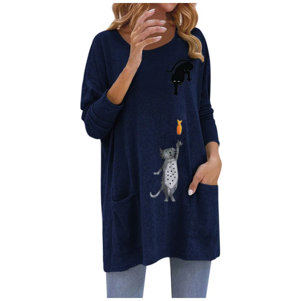 Женская блузка с принтом кота Feitong свободная Длинная длинными рукавами и круглым