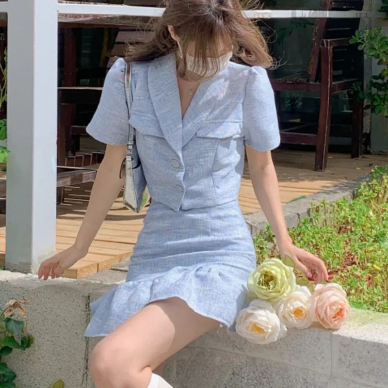 

High Quality New Summer Fashion Korean Sweet Elegant 2 Piece Set Women Crop Top Shirt Blouse Mini Skirt Suits Two Piece Outfits