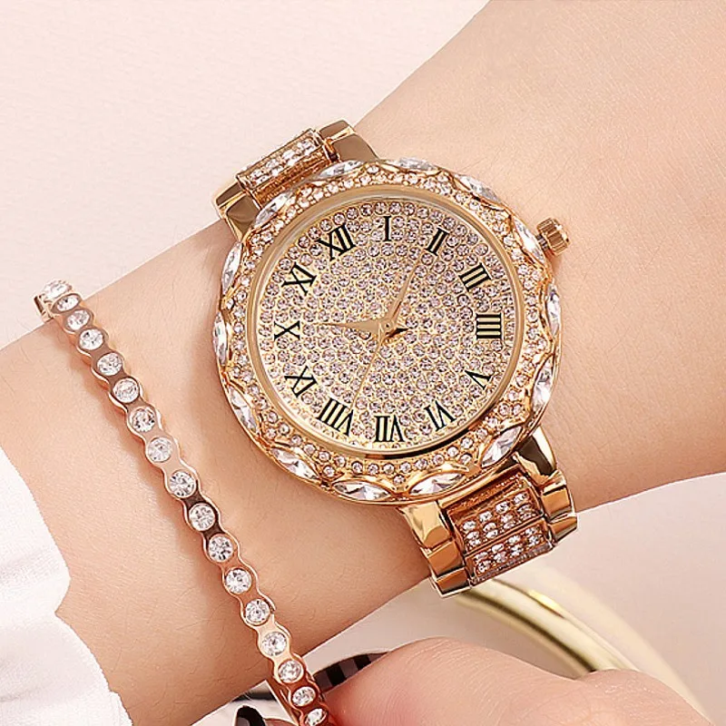 

Women Watches Crystal Diamond Design Fashion Round Dial Stainless Steel Band Quartz Wrist Watch