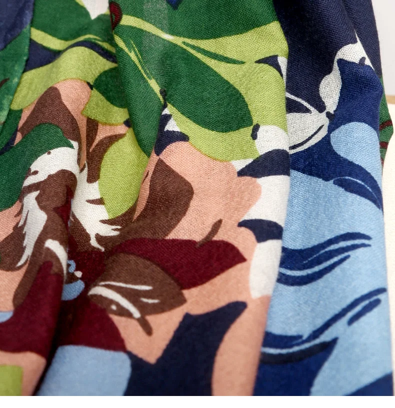 

100 pure wool scarf female blue green plant flowers autumn and winter thin shawl dual-use shawl scarf