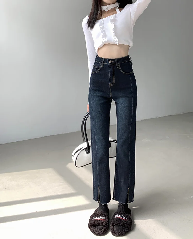 

DD0485 New high-waist stretch small straight denim cropped cropped jeans