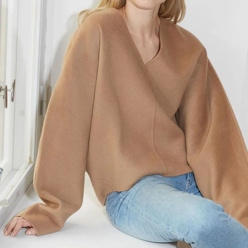 

Women Sweater Nordic V-neck Wool and Cashmere Double-faced Coat Normcore Minimalist Style Cashmere Sweater Women