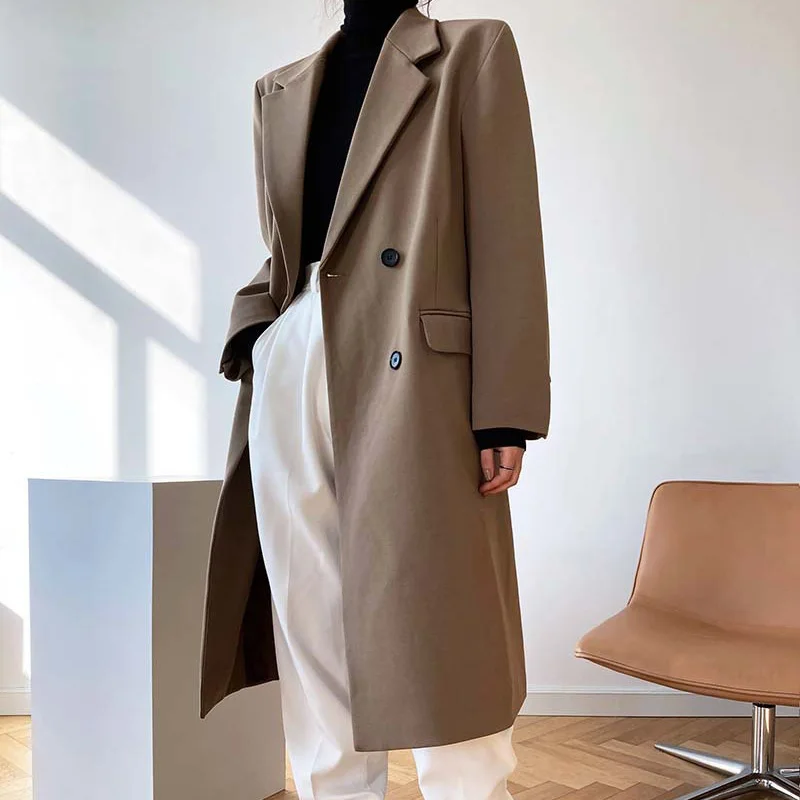 

Autumn and winter women's casual solid color single-breasted pocket decoration long suit jacket