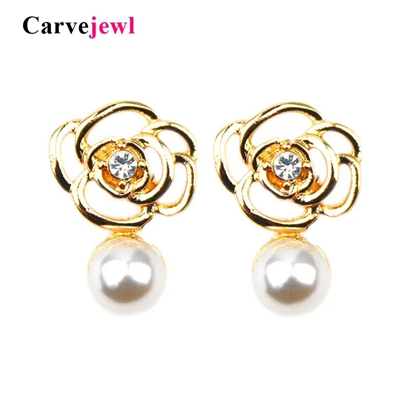 Женские серьги гвоздики с цветком розы маленькие искусственным жемчугом