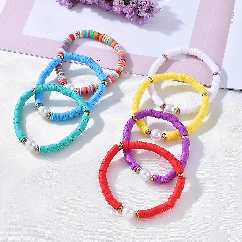 

Rainbow Imitation Pearl Charms Bracelet Bangle Polymer Clay Beaded Elastic Bracelets for Women