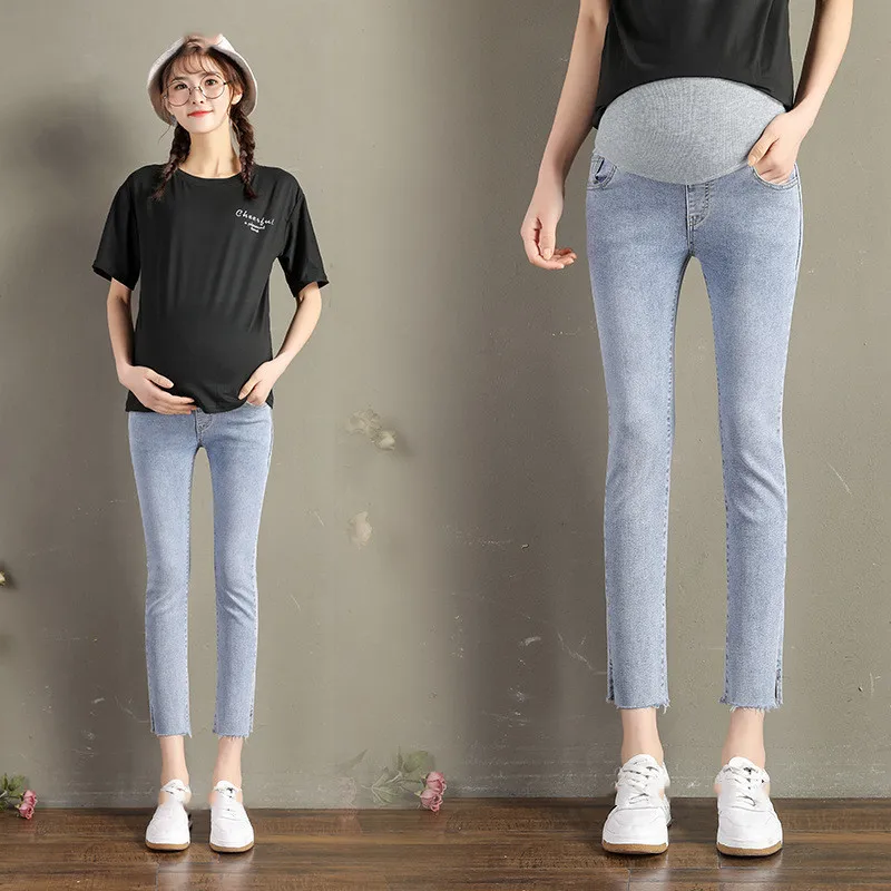 

Pregnant Women Empired Jeans Slim Hem 2020 Summer Ankle-Length Plus Size Denim Trousers With Holes Loose Maternity Belly Pants