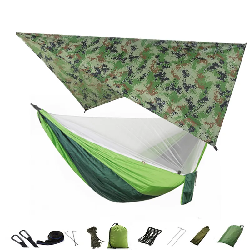 Camouflag-lightgreen Дождевой мух брезент и Кемпинг гамак с москитной сеткой портативный гамак навес легкий нейлон гамаки для пеших прогулок, альпинизма - Цвет: Camouflag-lightgreen