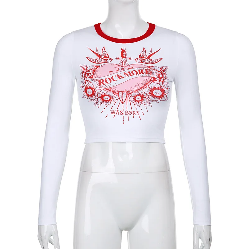 

Casual Gothic Print Cotton Tshirt Women Autumn Long Sleeve Basic White Crop Top T-shirt Fashion Skinny Shirt Harajuku Top Tee