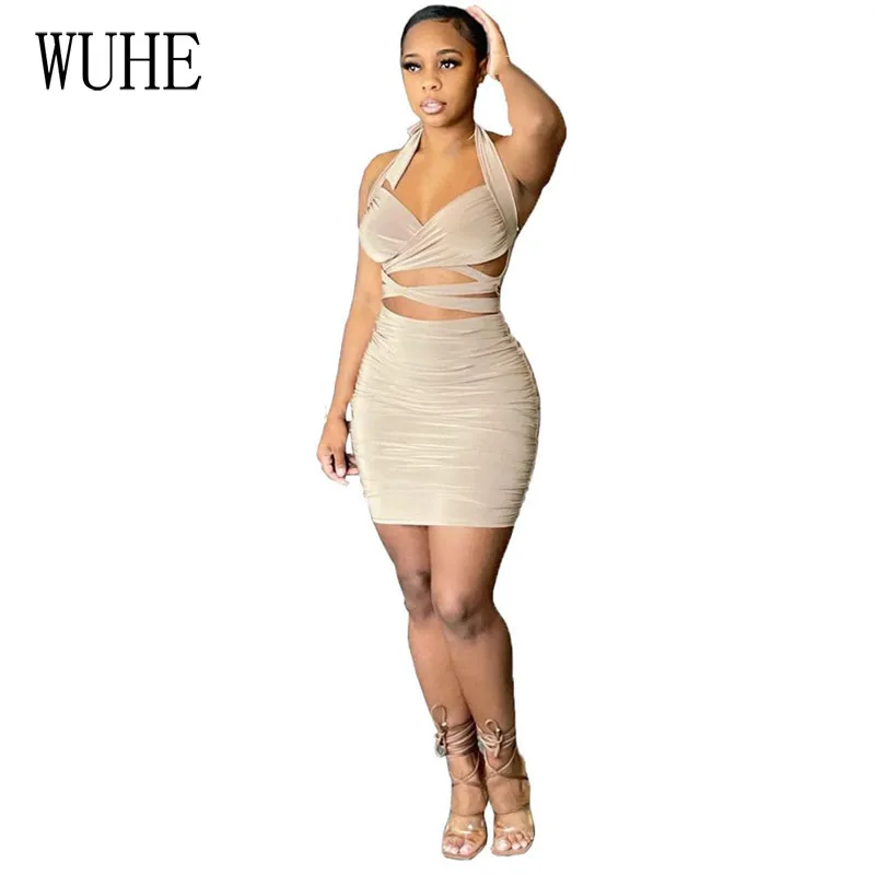 

WUHE Solid Halter Bodycon Short Dress Summer Square Collar Hollow Out Sleeveless Mini Club Party Dress Women Clothing