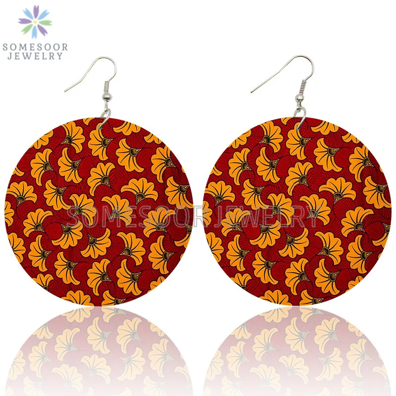 

SOMESOOR 9 Designs Africa Fabric Wooden Drop Earrings Vintage Flower Patterns Both Sides Printed Bohemian Jewelry For Women Gift