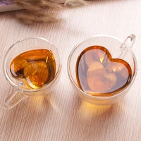 creative double glass with handle couple cup coffee cup milk tea drink cup anti scald glass heart shaped cup