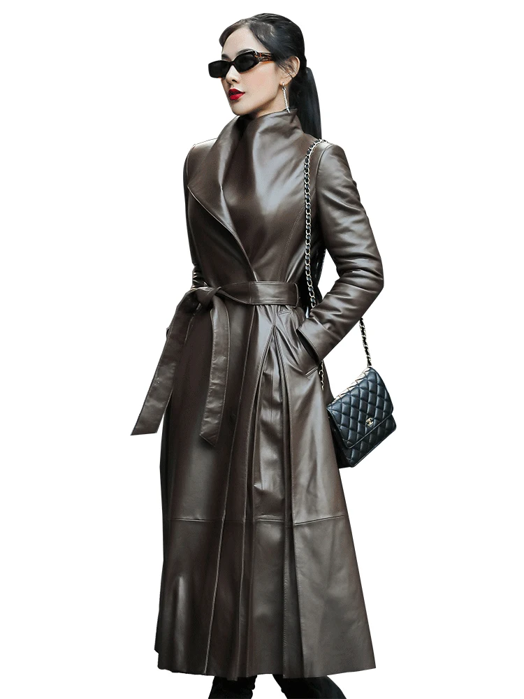 

Autumn long leather trench coat for women belt long sleeve skirted faux leather coat women plus size fashion 2020 7xl