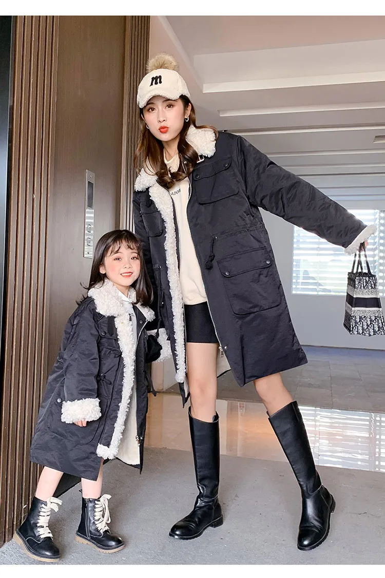 

New Korean style winter long section faux labm fur lining Pake jacket outwear for girls and women Mom-daughter clothing