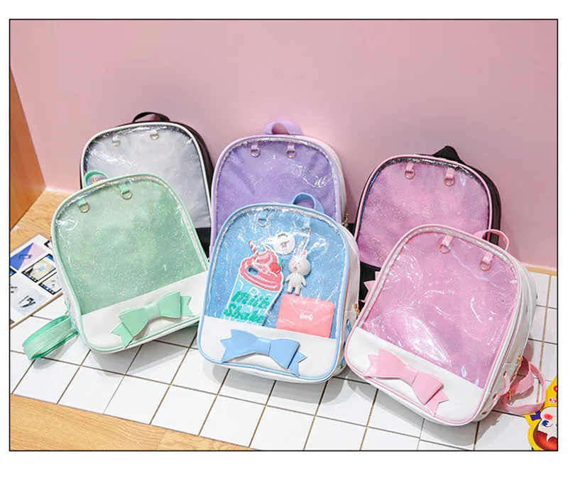 For Size Clear Transparent Women Backpack Cute Bow Bags Mini School Pink Blue School Bags For Teenage Girls Fashion Backpack