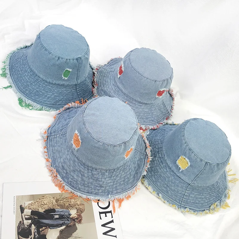 Складная рваная Джинсовая Шляпа ведро для женщин синие джинсы шляпа от солнца с