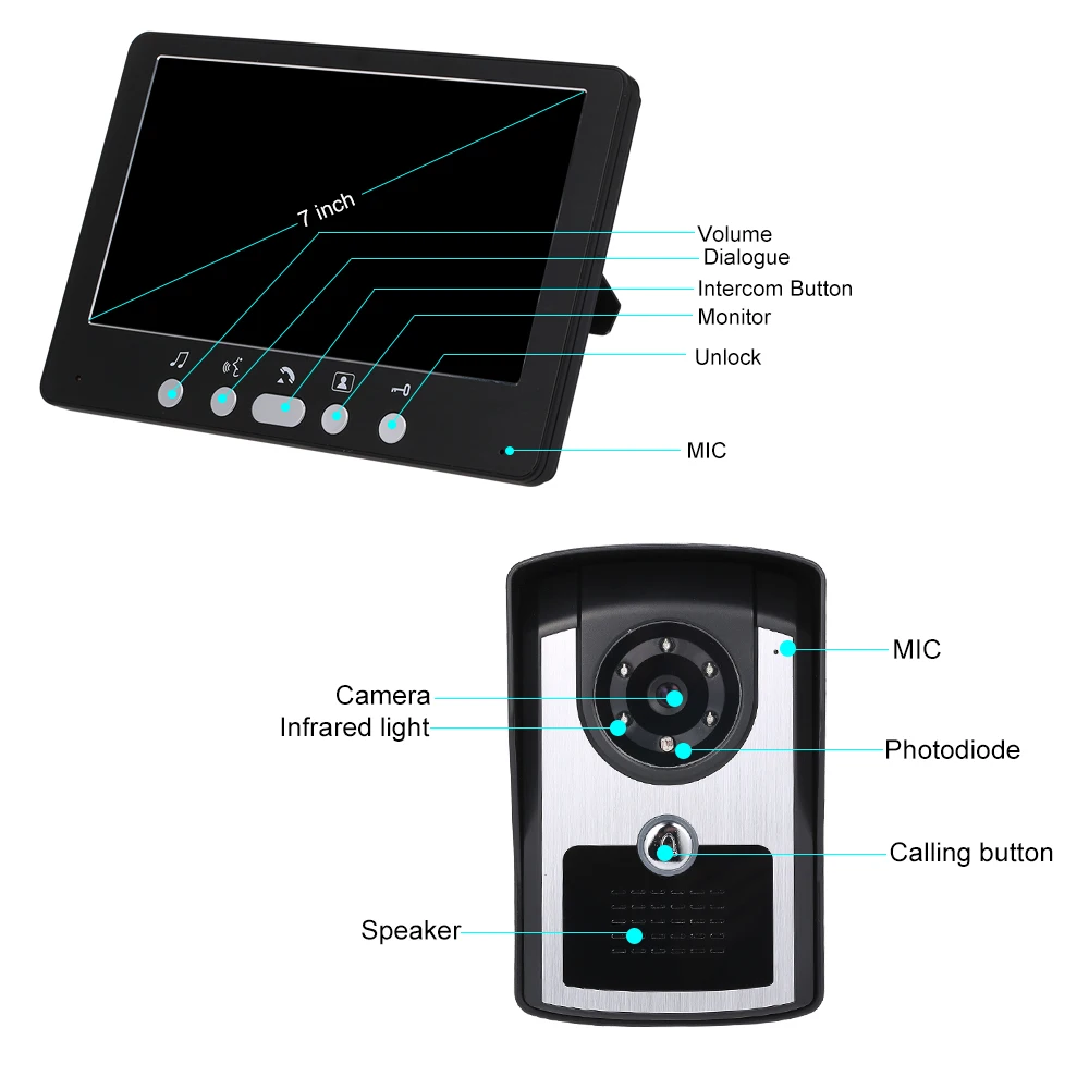 

7 Inch Monitor HD Camera Video Door Phone Doorbell Intercom System IR Night Vision Wired Doorbell Camera