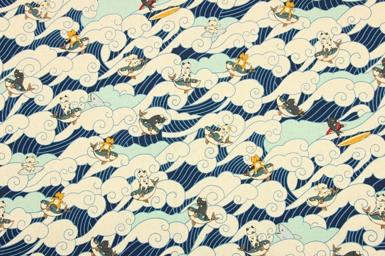 Japan Syle Cotton Fabric for Cushion Cover/Table Cloth Ocean Wave Kitten Prints DIY Handbag/Dress Sewing | Дом и сад