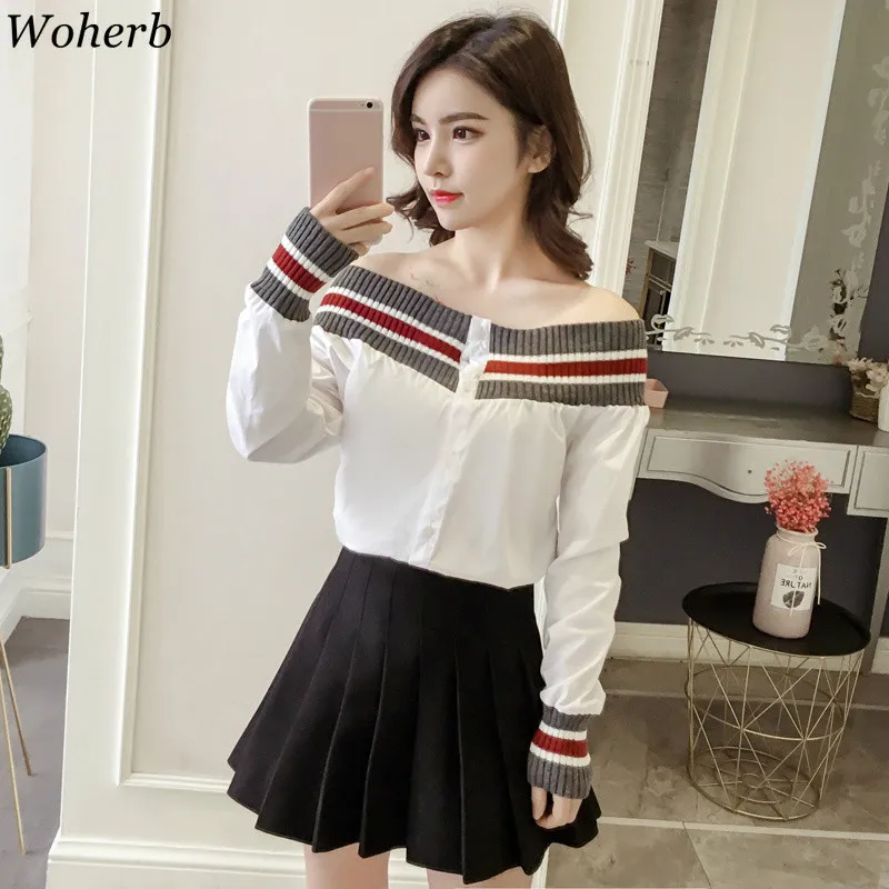 Женская блузка с открытыми плечами Woherb осенняя трикотажная в полоску стиле