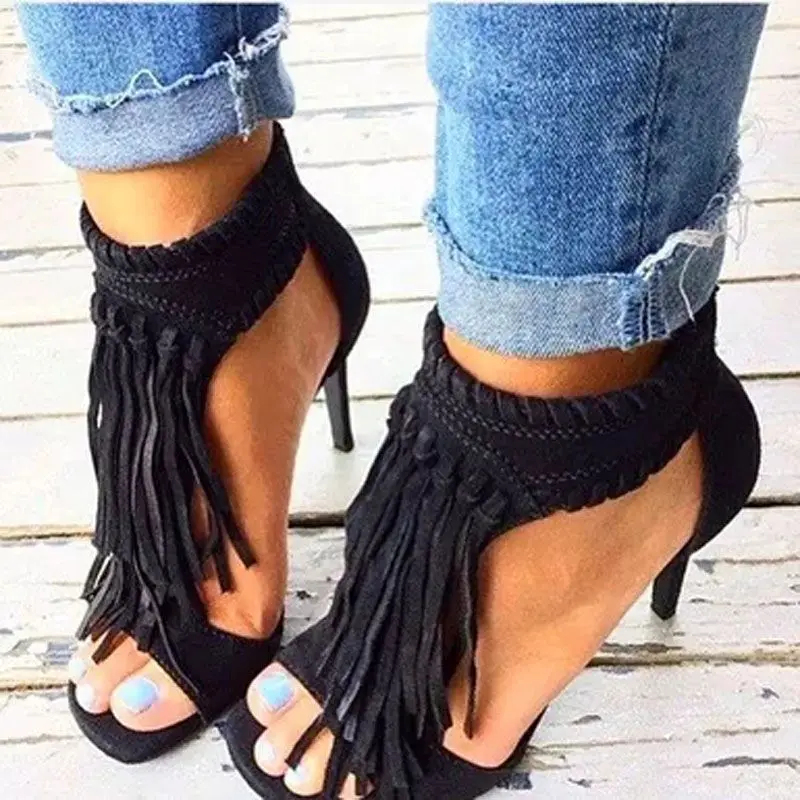 

Peep Toe Tassel Covered Ankle Boots Women Braided Margin Faux Suede Fringed High Heels Sandals Zipper Bottines Summer Sexy Shoes