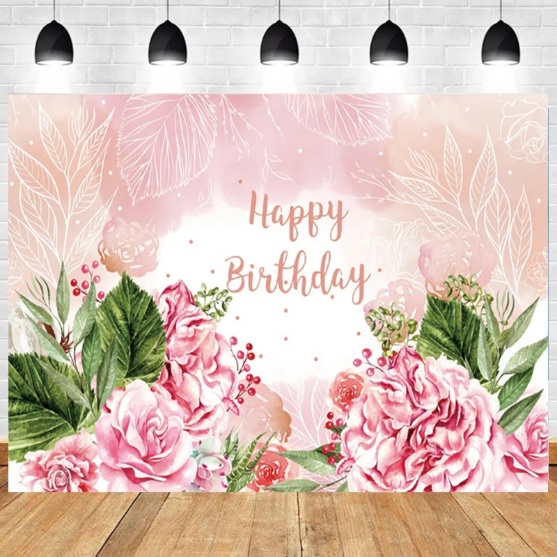 

Happy Birthday Backdrop Blooming Flowers Pink Peony Photography Background Girl Women Photocall Custom Banner Event Party Decor