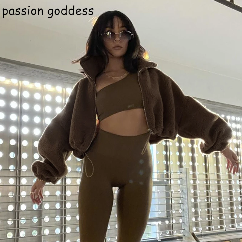 

2021 Women Fashion Streetwear Short Crop Jackets Autumn Winter Cashmere Turtleneck Zipper Outerwear Casual Y2k Oversized Coats